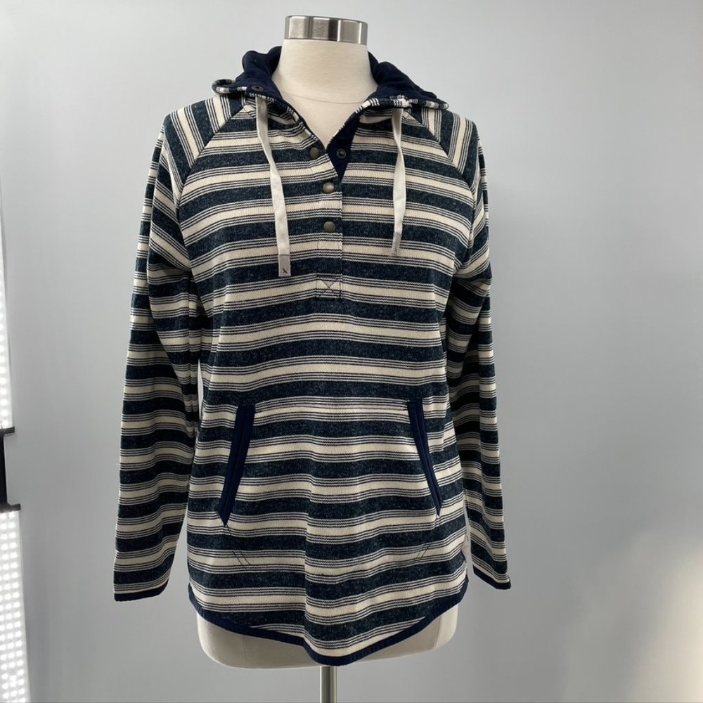 Eddie Bauer Womens Blue Cream Striped Hooded Pullover Sweatshirt  SZ Large NWOT